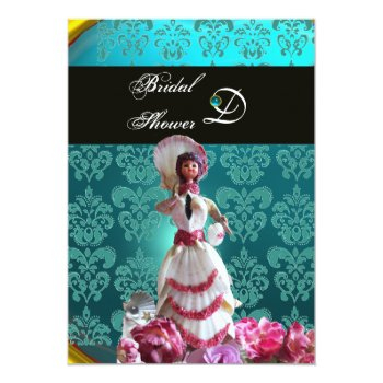 Blue Damask Beach Wedding - Bridal Shower Monogram Invitation Front View