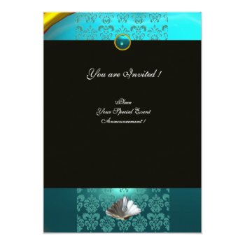 Blue Damask Beach Wedding - Bridal Shower Monogram Invitation Front View
