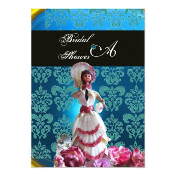 Blue Damask Beach Wedding - Bridal Shower Monogram Invitation Front View