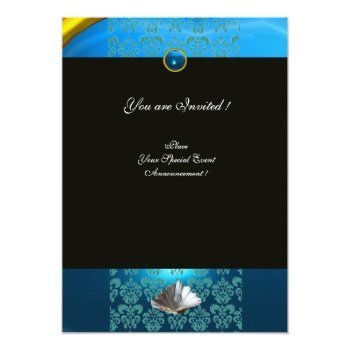 Blue Damask Beach Wedding - Bridal Shower Monogram Invitation Front View