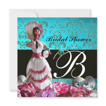 blue damask beach wedding - bridal shower monogram invitation