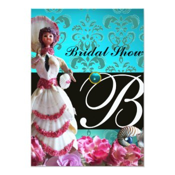 Blue Damask Beach Wedding - Bridal Shower Monogram Invitation Front View
