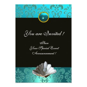 Blue Damask Beach Wedding - Bridal Shower Monogram Invitation Front View