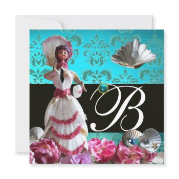 blue damask beach wedding - bridal shower monogram invitation
