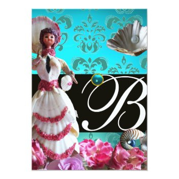 Blue Damask Beach Wedding - Bridal Shower Monogram Invitation Front View