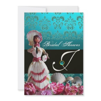 blue damask beach wedding - bridal shower monogram invitation