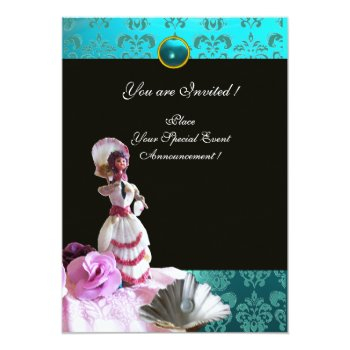 Blue Damask Beach Wedding - Bridal Shower Monogram Invitation Front View