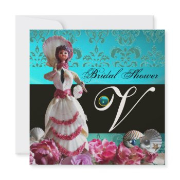 blue damask beach wedding - bridal shower monogram invitation