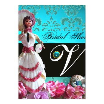 Blue Damask Beach Wedding - Bridal Shower Monogram Invitation Front View
