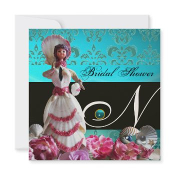 blue damask beach wedding - bridal shower monogram invitation