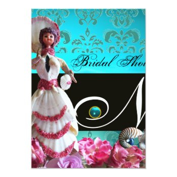 Blue Damask Beach Wedding - Bridal Shower Monogram Invitation Front View