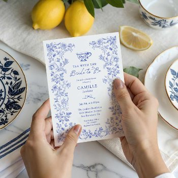 blue floral tea party bridal shower invitation