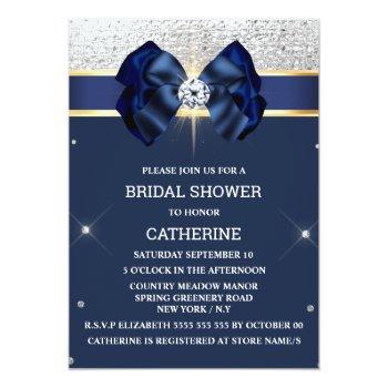 Blue Glitter Silver Gold Ribbon Bow Sparkle Glam Invitation Front View