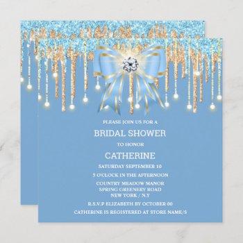 blue gold glitter diamond bow shimmer lights  invitation