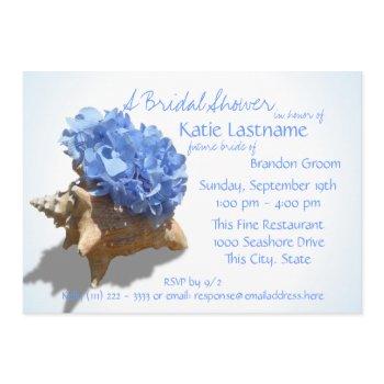 blue hydrangea and seashell bridal shower invitation