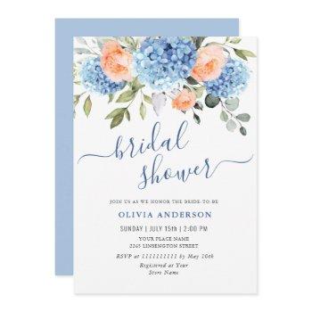 blue hydrangea blush pink roses bridal shower invitation