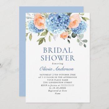 blue hydrangea blush pink roses bridal shower invitation