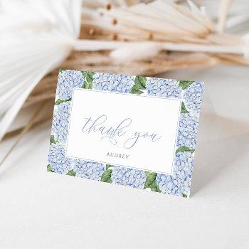 Blue Hydrangea Bordered Personalized Script Thank You Card Front View