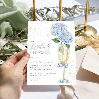 blue hydrangea bridal shower gold champagne invitation