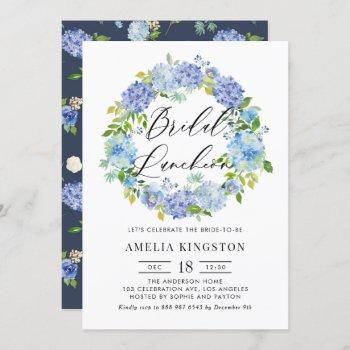 blue hydrangea flowers wreath bridal luncheon invitation