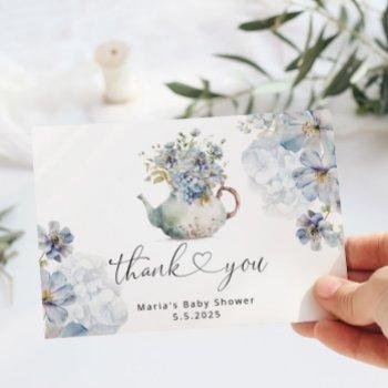 Blue Hydrangeas Teapot Baby Shower Thank You Card Front View