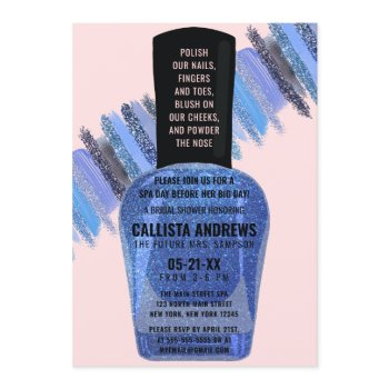blue pink glitter nail polish spa bridal shower invitation