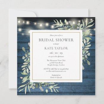 blue rustic string lights greenery bridal shower invitation
