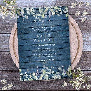 blue rustic wood floral bridal shower invitation