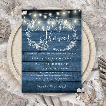 blue rustic wood string lights couples shower  invitation