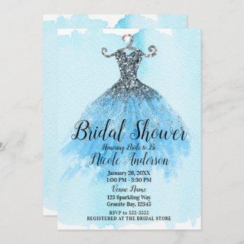 blue & silver glitter sparkle dress bridal shower invitation