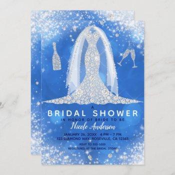 blue sparkle diamond wedding dress bridal shower invitation