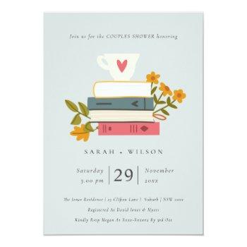 Blue Stacked Books Floral Couples Shower Invite Front View