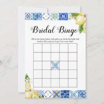 blue tile lemon bridal shower bridal bingo game invitation