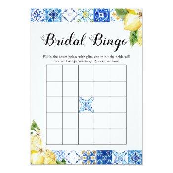 Blue Tile Lemon Bridal Shower Bridal Bingo Game Invitation Front View