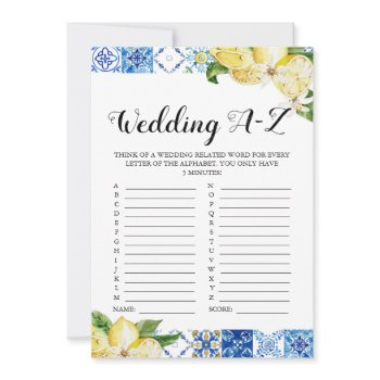 blue tile lemons wedding a-z bridal shower game invitation