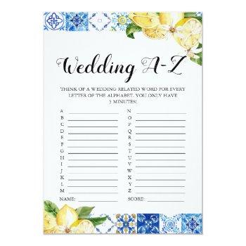 Blue Tile Lemons Wedding A-z Bridal Shower Game Invitation Front View