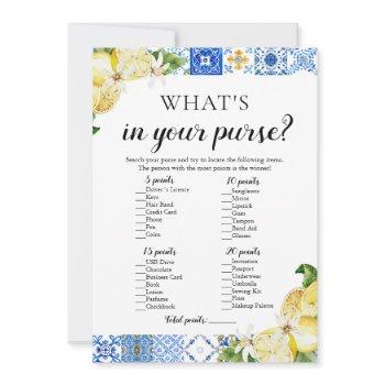blue tile what's in your purse bridal shower game invitation
