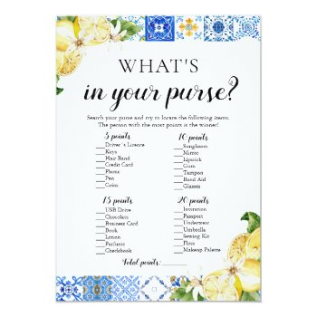 Blue Tile What's In Your Purse Bridal Shower Game Invitation Front View