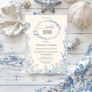 blue toile ocean themed bridal shower invitation