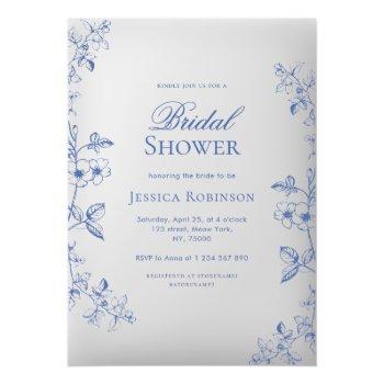 Blue Victorian Vintage Drawn Floral Bridal Shower Acrylic Invitations Front View