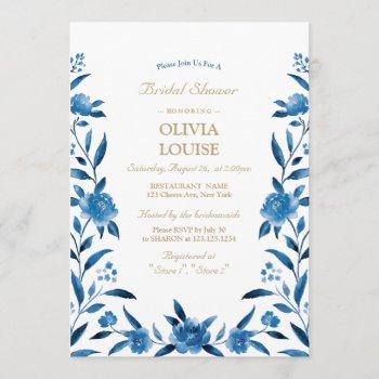 blue watercolor floral chinoiserie bridal shower invitation