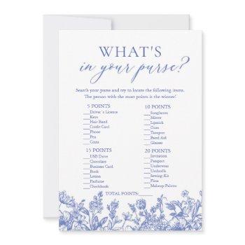 blue what's in your purse bridal shower game invitation