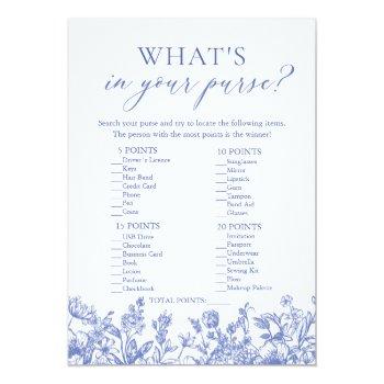 Blue What's In Your Purse Bridal Shower Game Invitation Front View