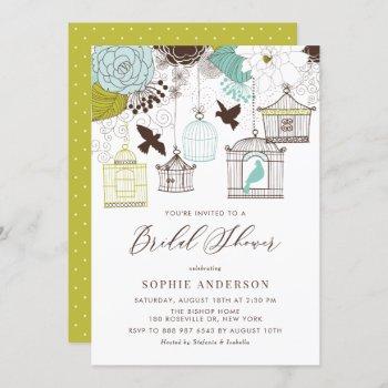 blue whimsical birdcages bridal shower invitation