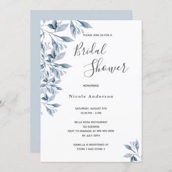 blue white botanical script bridal shower invitation