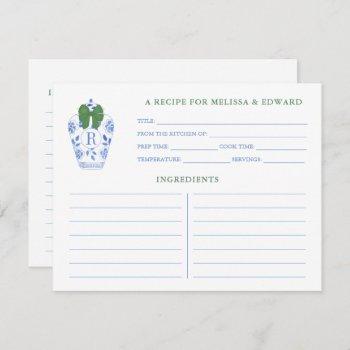 blue white green ginger jar monogram recipe card