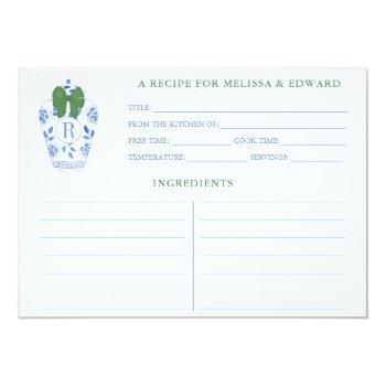 Blue White Green Ginger Jar Monogram Recipe Card Front View