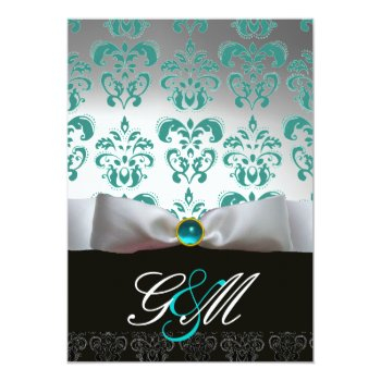 Blue White Ribbon  Black Damask Monogram Champagne Invitation Front View
