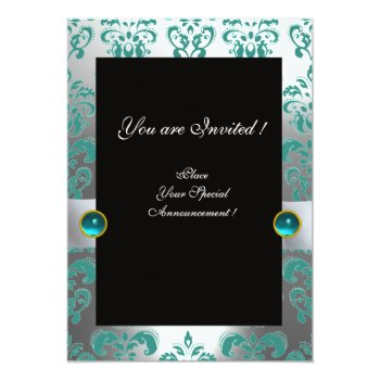 Blue White Ribbon  Black Damask Monogram Champagne Invitation Front View