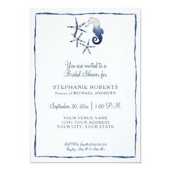 Blue White Shibori Seahorse Starfish Beach Bridal Invitation Front View